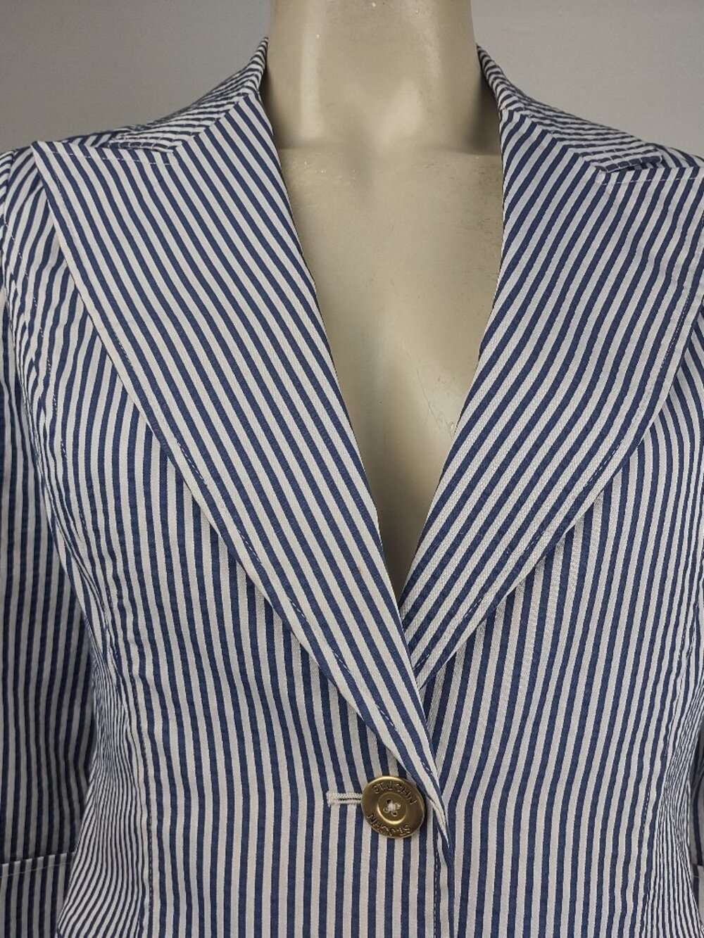 St. John blue white striped tabbed sleeve button front blazer jacket womens 4 - Picture 2 of 10